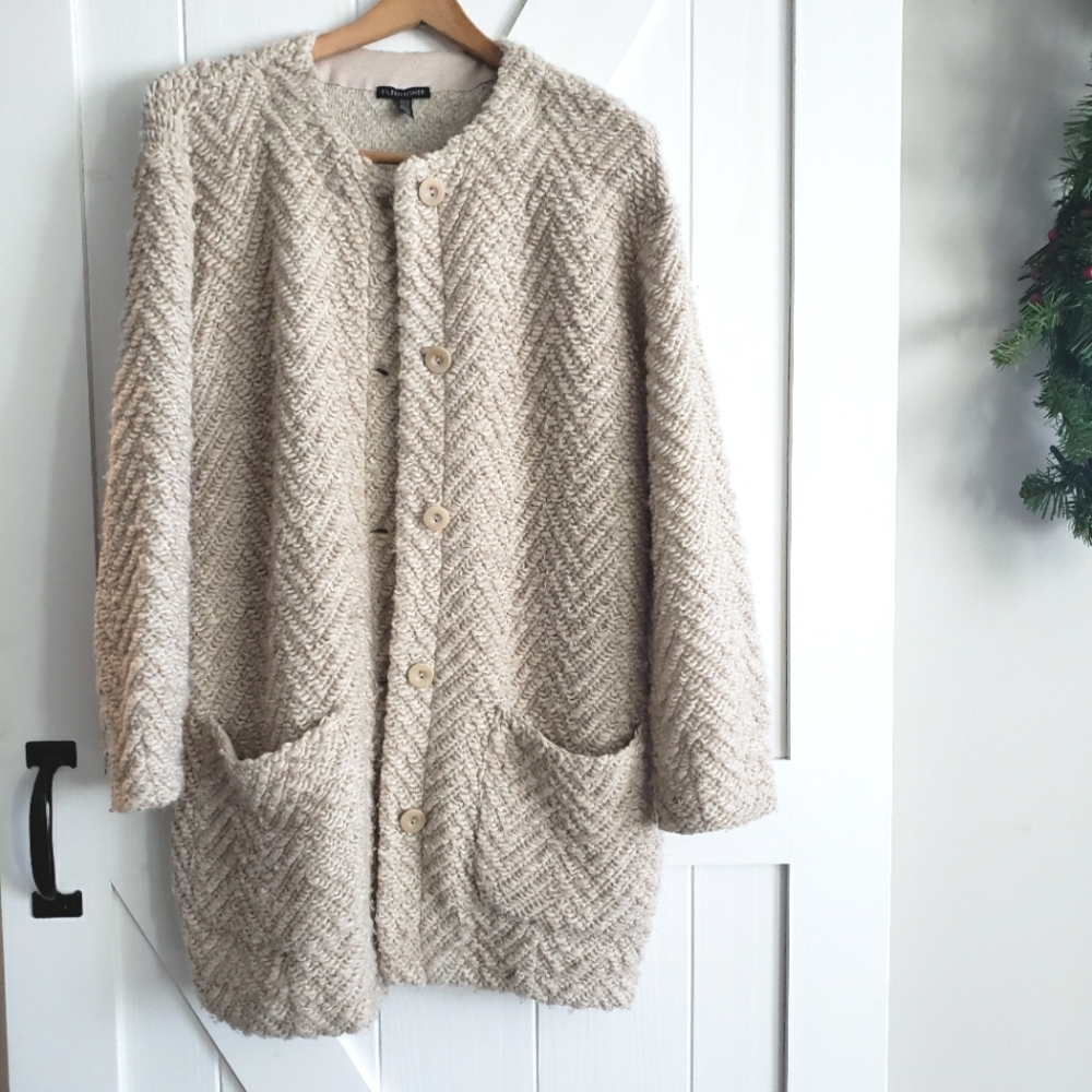 Eileen Fisher Cream Button Front Knit Long Cardigan Wool Alpaca blend Small